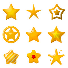 Obraz premium Glossy gold stars in cartoon style. Icons set for game design projects