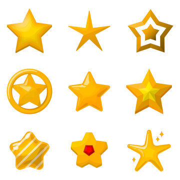 Glossy gold stars in cartoon style. Icons set for game design projects