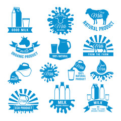 Fototapeta na wymiar Set of milk labels. Vector illustrations of different splashes. Pictures for logo design with place for your text