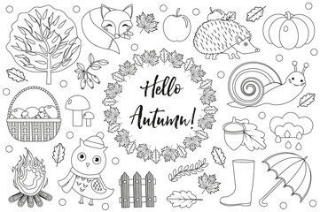 Hello Autumn icons set sketch, hand drawing, doodle style.Collection design elements with leaves, trees, mushrooms, pumpkin, wild animals, umbrella and boots. Vector illustration