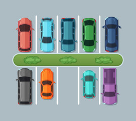 Top view parking cars on asphalt in urban map. Automobiles in the garage. Vector pictures