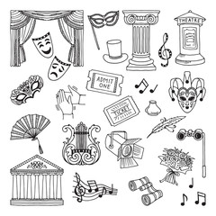 Doodle illustration set of theatre symbols. Lira, binoculars, masks. Opera vector icons