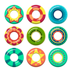 Lifeguard swimming rings in different colors. Vector illustrations of inflatable toys