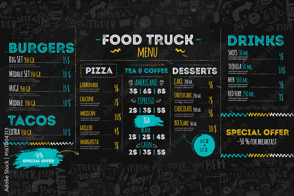 Wall mural junk food festival menu template, street restaurant brochure cover. modern truck flyer with hand-dra