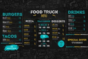 Fotobehang Junk Food festival menu template, street restaurant brochure cover. Modern truck flyer with hand-drawn lettering and items. Vector menu board. © alenast