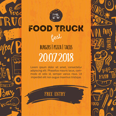 Street junk food festival menu cover design. Festival Design template with hand-drawn graphic elements and lettering. Vector menu board.