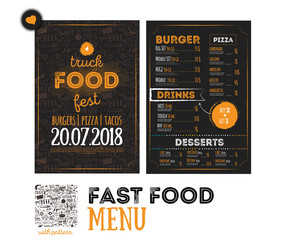 Street junk food festival menu cover design. Festival Design template with hand-drawn graphic elements and lettering. Vector menu board.