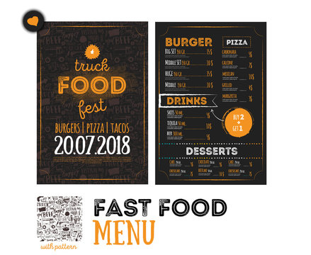 Street Junk Food Festival Menu Cover Design. Festival Design Template With Hand-drawn Graphic Elements And Lettering. Vector Menu Board.