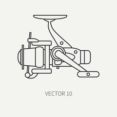 Line flat vector fisher and camping icon fishing reel. Fisherman equipment. Retro cartoon style. Holiday travel. Spinning. Lake. Boat. Nature. Illustration and element for your design and wallpaper.