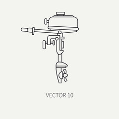 Line flat vector fisher and camping icon outboard motor. Fisherman equipment. Retro cartoon style. Holiday travel. Spinning. Lake. Boat. Nature. Illustration and element for your design and wallpaper.