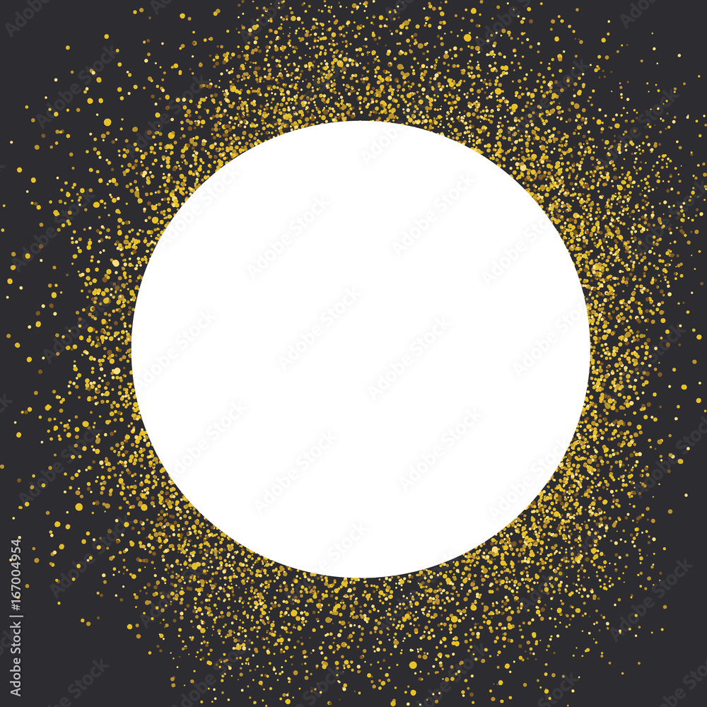 Aufkleber invitation card design template. black background and white circle shaped copyspace with golden chao