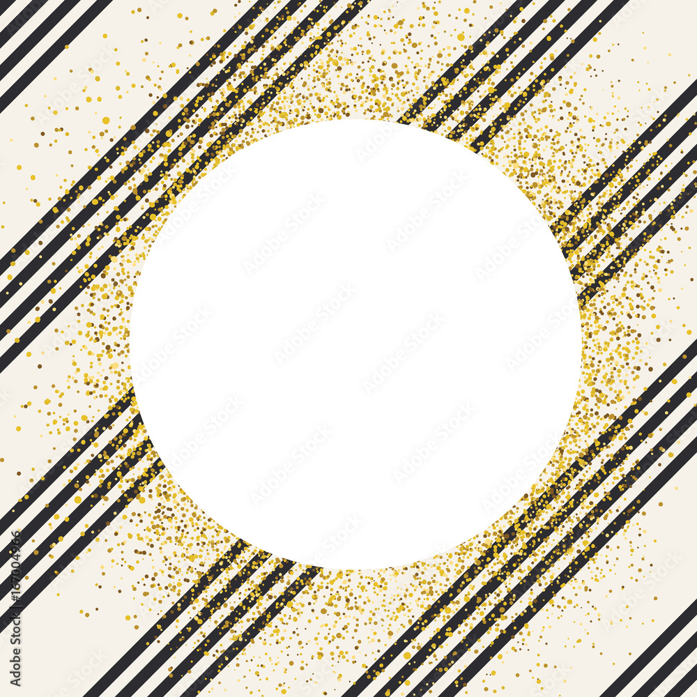 Poster Invitation card design template. Diagonal black lines pattern and white circle shaped copyspace with golden chaotic dots.