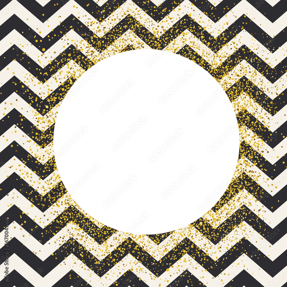 Aufkleber invitation card design template. chevron seamless pattern and white circle shaped copyspace with gol