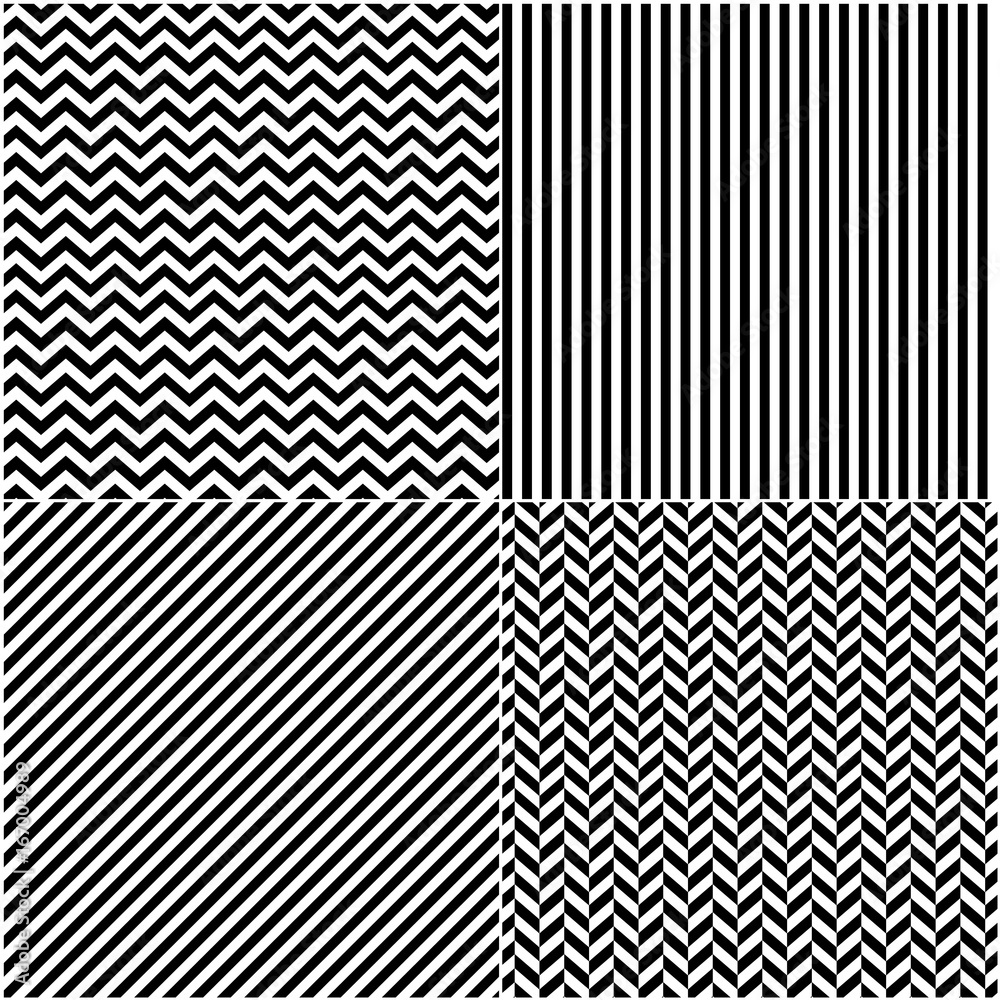 Poster four classic black_and white lines seamless patterns collection. diagonal, chevron, zigzag and verti