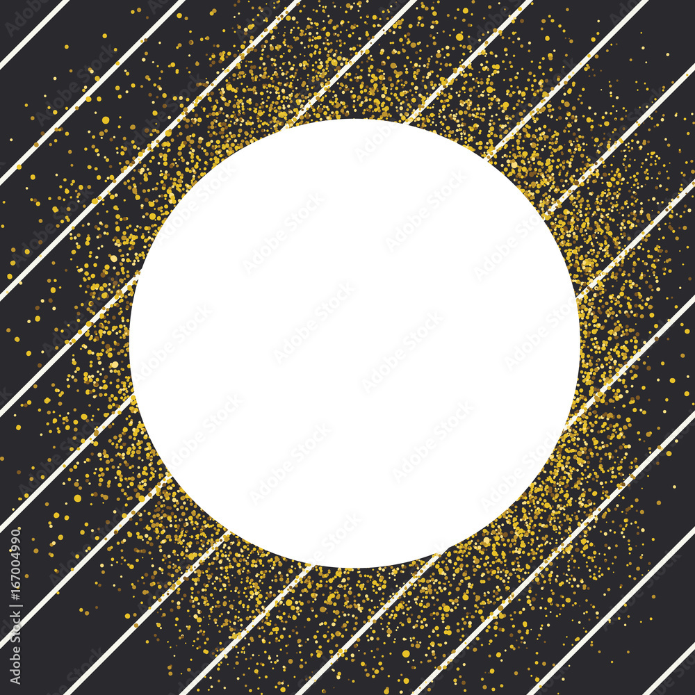 Aufkleber Invitation card design template. Diagonal black lines pattern and white circle shaped copyspace with golden chaotic dots.