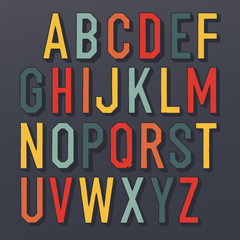 Colorful shadowed retro font. Multi colored letters on dark background. Sans serif type. Decorative vector alphabet