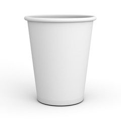 Blank white paper cup close up isolated on white background with shadow . 3D rendering.