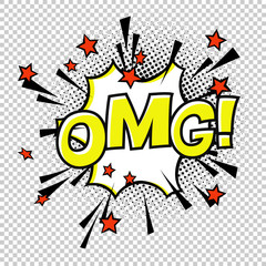 OMG! Comic sound. Comic speech bubble. Halftone transparent background