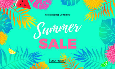 Fototapeta na wymiar Summer sale price reduce shopping vector palm leaf banner