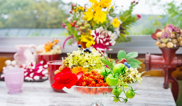 Autumn decoration with flowers and fruits, Thanksgiving