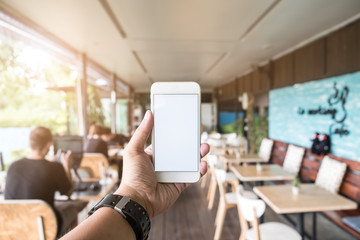 hands of man using phone white screen on top view on garden background