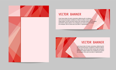 Layout set: cover and two banners. Bright red geometric backgrounds with text place. Modern technology templates for brochures, booklets, leaflets, posters, presentations, annual reports. Vector EPS10