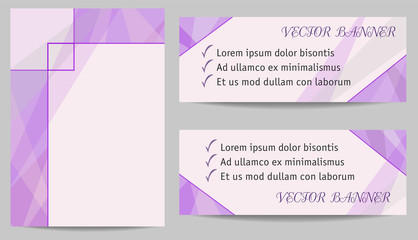 Cover A4 and two banners templates. Abstract violet backgrounds with text place. Technology layouts for book, brochure, booklet, leaflet, poster, presentation, annual report, web page. Vector EPS10