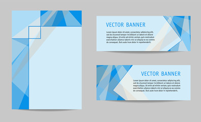 Layout set: cover and two banners. Blue geometric backgrounds with text place, modern technology templates for presentations, brochures, annual reports, posters, booklets, leaflets. Vector EPS10
