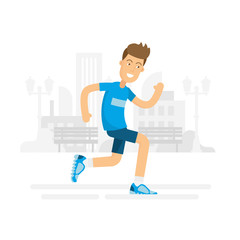 Man is jogging in the park keeping healthy lifestyle. Boy in the fitness outfit in the running competition doing outdoor sport vector flat illustration with city grey