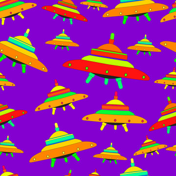 Flying saucers, colorful colors, seamless alien spaceship patter