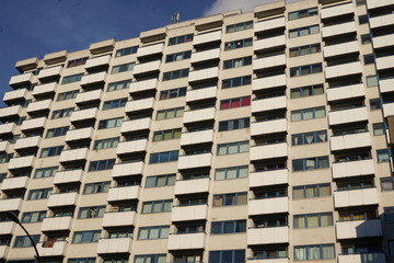 Plattenbau, building constructed of large, prefabricated concrete slabs, typical of Eastern Berlin, former DDR. In English the building method is also called large-panel system building or LPS