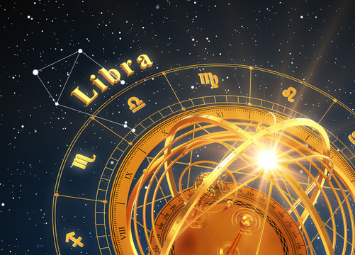 Zodiac Sign Libra And Armillary Sphere On Blue Background