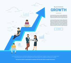 Business graph growth concept vector illustration of professional people working together as team and sitting on arrow. Flat people working with laptop to develop business. White business poster