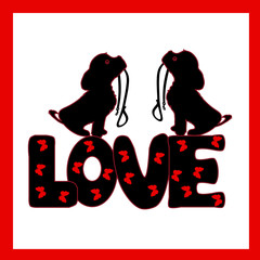 Two dogs with a collar in their teeth silhouette black and the inscription LOVE, a cartoon in a frame on a white background.vector
