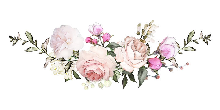 Fototapeta watercolor flowers arrangements. floral illustration. composition of flowers pink rose, Leaf and buds. Cute illustration for wedding or  greeting card.  branch of flowers isolated on white background