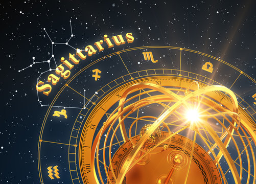 Zodiac Sign Sagittarius And Armillary Sphere On Blue Background