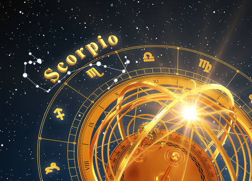 Zodiac Sign Scorpio And Armillary Sphere On Blue Background