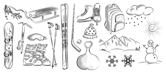 Icon set of winter objects: hockey, skates, ski, sleds, backpack, snowboard. Hand drawn vector illustration.