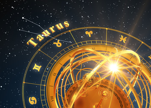 Zodiac Sign Taurus And Armillary Sphere On Blue Background