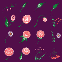 Slavic folk traditional native floral ornament element set