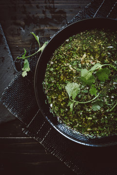 Green chimichurri in bowl