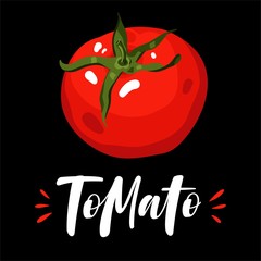 Ripe juicy tomato on black background.