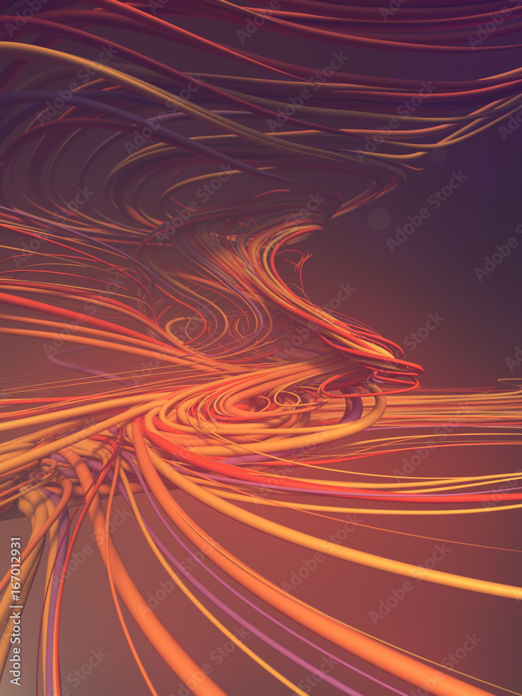 Poster Interlacing abstract red and orange curves. 3D rendering