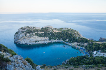 Fototapeta na wymiar View from top on Anthony Quinn Bay and beach, Rhodes in Faliraki, Greece.Beautiful beach and bay on the island of Rhodes.