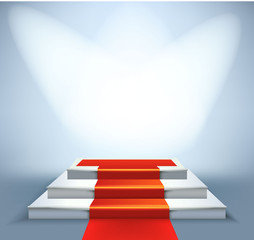 Empty white illuminated podium  with Red carpet on stairs
