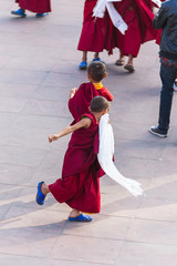Tibetan young monks walk and play in front of Rumtek Monastery after high level monk arrived near Gangtok. Sikkim, India