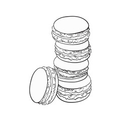 black and white stack of macaron, macaroon almond cakes, sketch style vector illustration isolated on white background. Stack, pile of almond macaron, biscuits, sweet and beautiful dessert