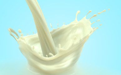 Pouring splashed fat milk on blue background