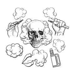 Poster Vaping related elements, symbols - smoke, skull, vaporizer, e-cigarette, black and white sketch vector illustration isolated on background. © sabelskaya