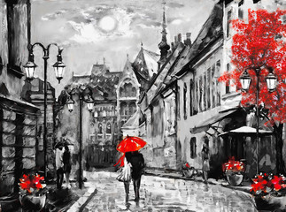 oil painting on canvas european city. Hungary. street view of Budapest. Artwork. people under a red umbrella. Tree. Nigrht and moon.